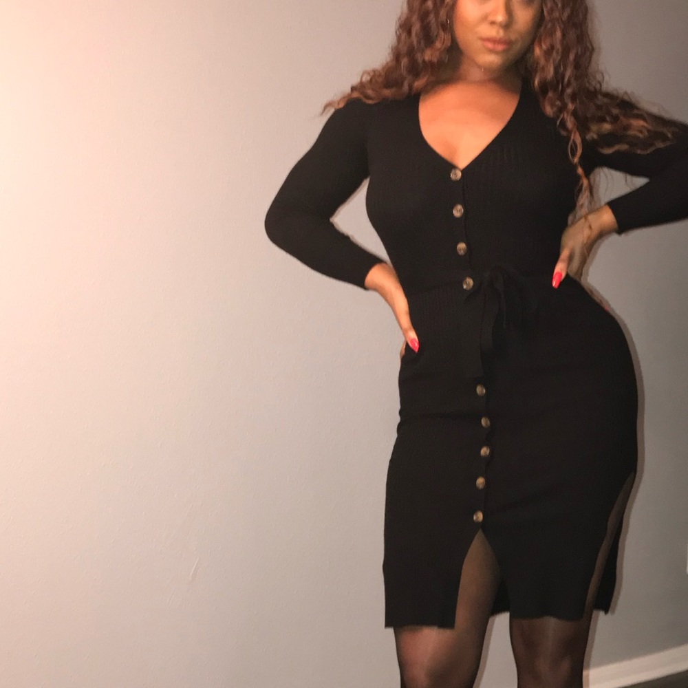 Black Sweater Dress with Front and Side Slits